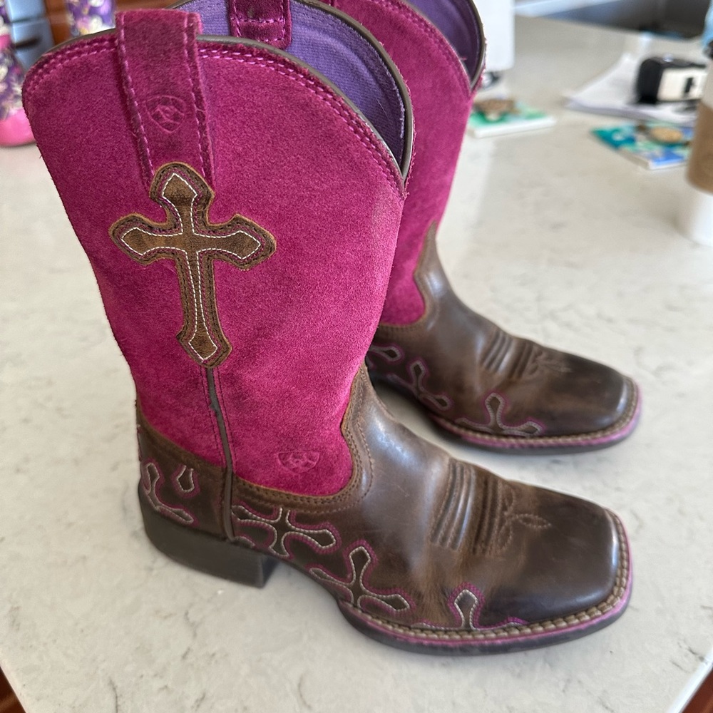 Cowgirl boots for kids.  Size 12 child.  Brown and pink w/ detailed stitching.